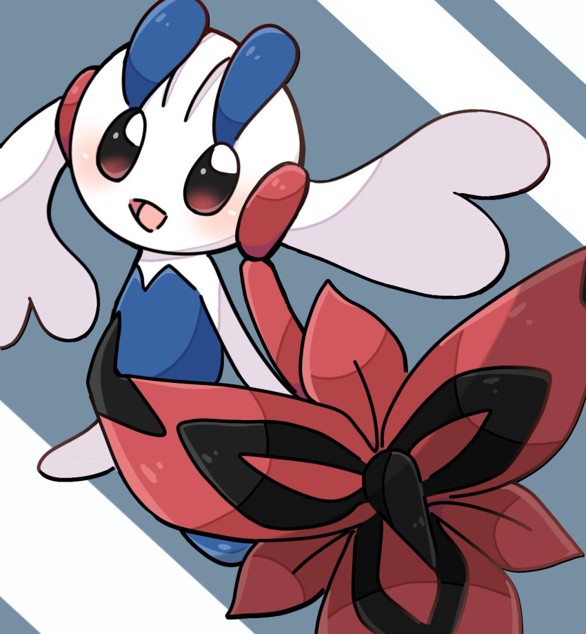 absurdres blush commentary floette floette_(eternal) flower full_body grey_background happy highres holding holding_flower looking_at_viewer no_humans open_mouth pokemon pokemon_(creature) pokemon_xy red_eyes red_flower smile solo suzu_(pixiv_32232702)
