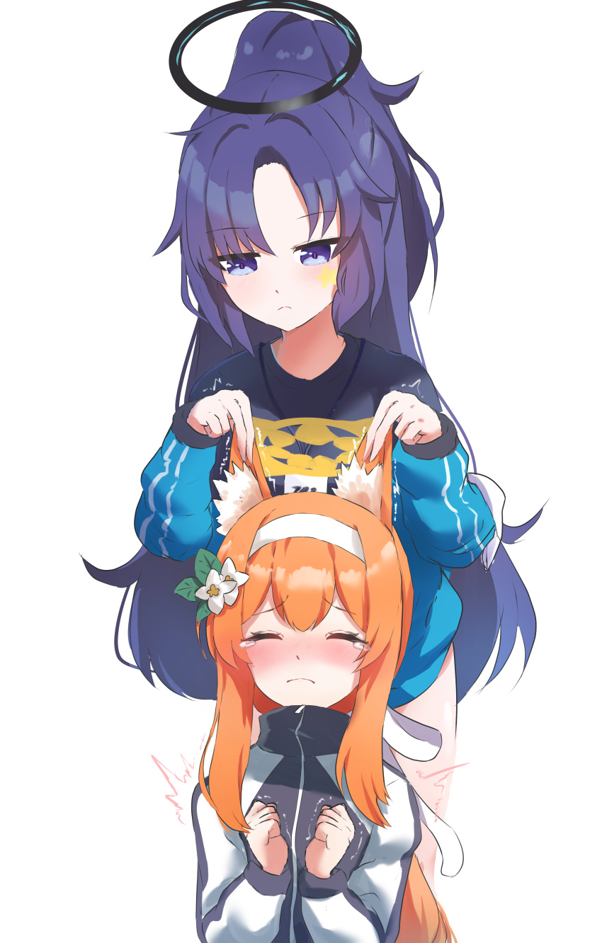 2girls absurdres animal_ear_fluff animal_ears black_jacket black_shirt blue_archive blue_jacket blush brown_hair cat_ears closed_eyes closed_mouth commentary_request flower gym_uniform hair_flower hair_ornament hair_ribbon hairband halo hands_on_another's_head high_ponytail highres jacket long_hair mari_(blue_archive) mari_(track)_(blue_archive) multiple_girls nose_blush open_clothes open_jacket parted_bangs purple_hair ribbon shirt sidelocks simple_background star_(sky) star_on_cheek tears track_jacket trembling violet_eyes white_background white_flower white_hairband white_ribbon wimawi yellow_halo yuuka_(blue_archive) yuuka_(track)_(blue_archive)