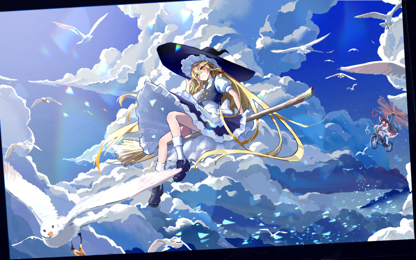 2girls absurdres aircraft anger_vein animal autogyro bicycle bird black_border black_hat black_skirt black_vest blonde_hair blue_sky blush bobby_socks border bow braid broom broom_riding closed_mouth clouds day er_yi_zhi flying frilled_hat frilled_skirt frills gohei hair_between_eyes hair_bow hakurei_reimu hand_on_headwear hat highres kirisame_marisa lens_flare long_hair looking_afar looking_ahead multiple_girls outdoors puffy_short_sleeves puffy_sleeves red_bow scenery science_fiction seagull shide shirt short_sleeves side_braids sidesaddle skirt sky socks sunlight touhou turtleneck twin_braids very_long_hair vest white_bird white_shirt white_socks wide_shot wind witch_hat yellow_eyes