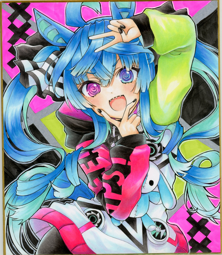 1girl :d @_@ absurdres ahoge airi_(akamichiaika) animal_ears aqua_hair arm_up black_nails blue_eyes blue_hair blush bow commentary crossed_bangs double_v drawstring hair_between_eyes hair_bow hand_up heterochromia highres hood hoodie horse_ears horse_girl horse_tail long_hair long_sleeves looking_at_viewer marker_(medium) multicolored_background multicolored_clothes multicolored_hair multicolored_hoodie nail_polish open_mouth sharp_teeth shikishi sidelocks smile solo striped_bow stuffed_animal stuffed_rabbit stuffed_toy tail teeth traditional_media twin_turbo_(umamusume) twintails two-tone_hair umamusume upper_body upper_teeth_only v v-shaped_eyebrows v_over_head v_over_mouth violet_eyes