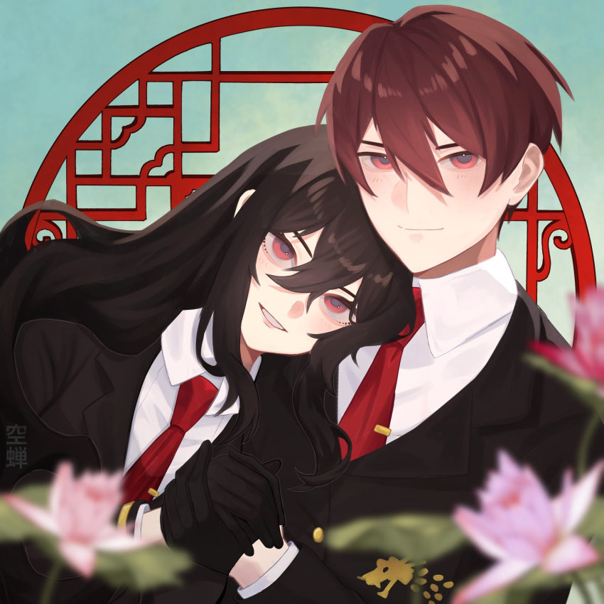 1boy 1girl black_gloves black_hair character_request closed_mouth collared_shirt flower gloves highres holding_hands library_of_ruina long_hair looking_at_viewer lowell_(project_moon) necktie project_moon red_eyes red_necktie redhead saccharhythm shirt short_hair smile suit upper_body white_shirt xiao_(project_moon)