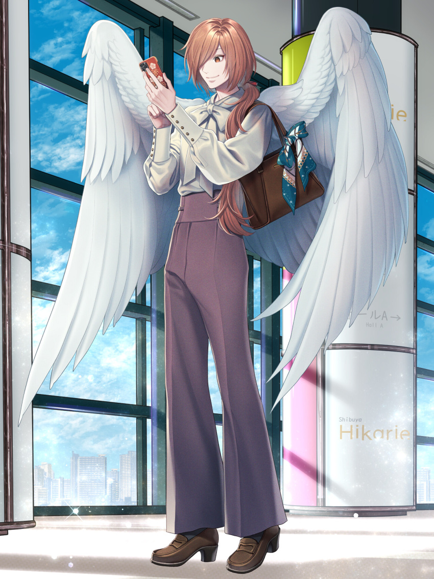 1boy a_hubert angel_wings bag bell-bottoms blue_bow bow bowtie brown_bag brown_eyes brown_footwear brown_hair brown_pants chain_paradox city clouds cuff_links day full_body hair_over_one_eye hair_over_shoulder hair_ribbon handbag high-waist_pants high_heels highres holding holding_phone indoors loafers long_hair long_sleeves looking_at_phone low_ponytail male_focus pants phone pillar red_ribbon ribbon satono_omo shirt shirt_tucked_in shoes smile solo standing white_bow white_bowtie white_shirt white_wings window wings
