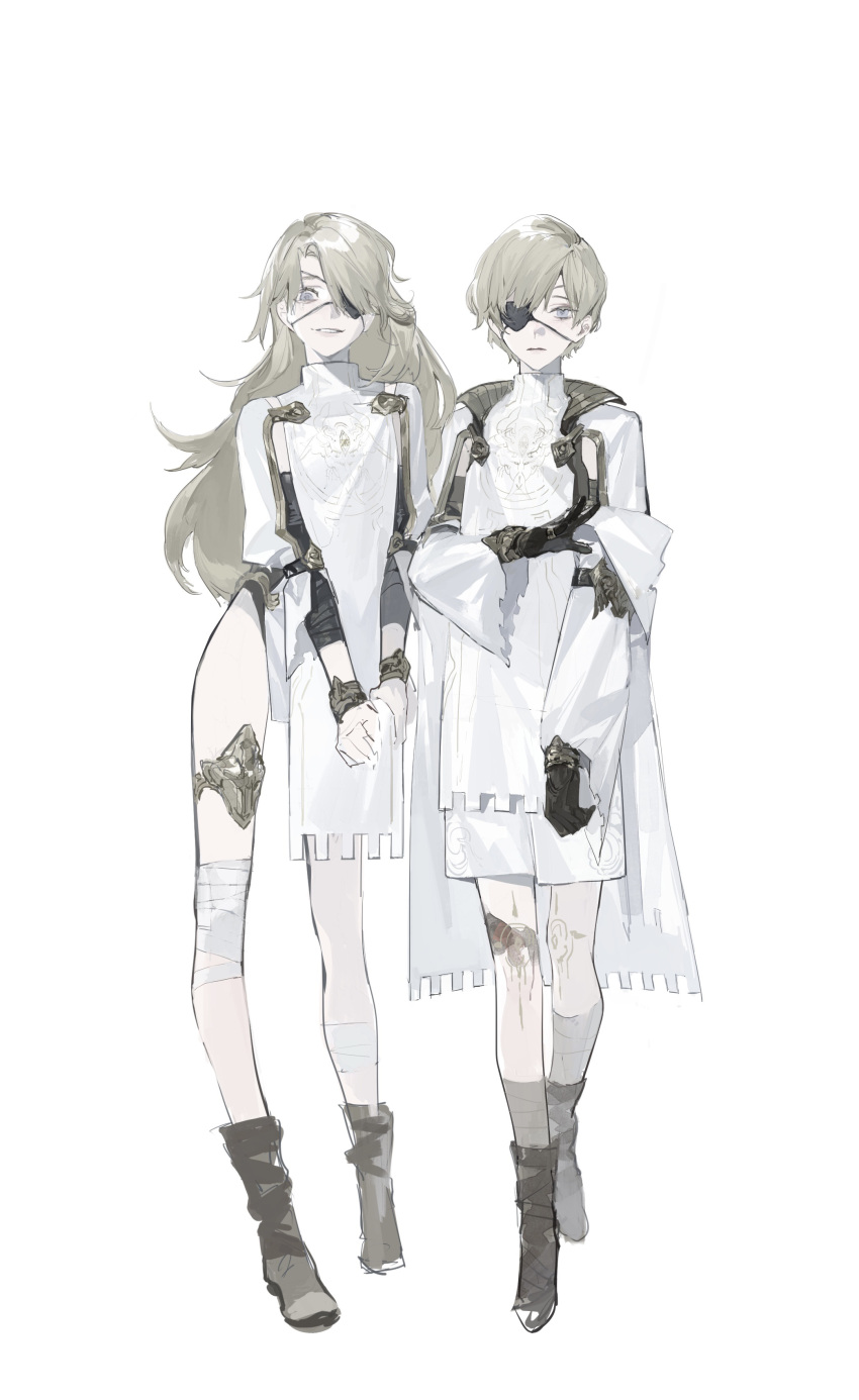 2girls absurdres bandaged_knees bandaged_leg bandages black_gloves blonde_hair blue_eyes boots bracelet brown_footwear cape chinese_commentary clenched_hand commentary_request detached_sleeves dress expressionless eyelashes eyepatch full_body gloves green_eyes hair_over_one_eye highres jewelry knee_pads long_hair long_sleeves looking_at_viewer meru02295238 multiple_girls open_mouth original own_hands_together parted_lips short_dress short_hair simple_background smirk tabard teeth turtleneck white_background white_cape white_dress white_sleeves white_tabard