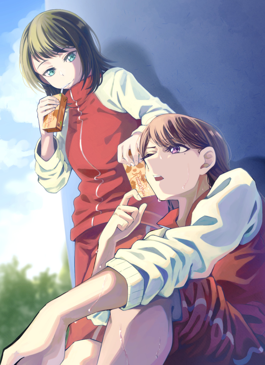 2girls against_wall bang_dream! bang_dream!_it's_mygo!!!!! black_hair blurry blurry_background brown_hair closed_mouth clouds commentary day doki_(oox3o) drinking_straw drinking_straw_in_mouth green_eyes gym_uniform highres holding_carton jacket long_hair long_sleeves medium_hair mole mole_under_eye multiple_girls open_mouth outdoors red_jacket red_shorts shiina_taki shorts sweat violet_eyes yahata_umiri