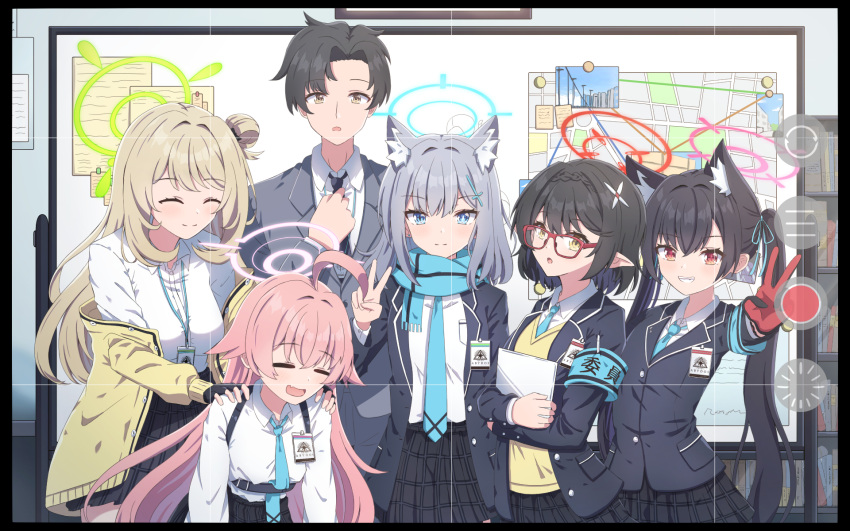 1boy 5girls :d ^_^ ahoge animal_ear_fluff animal_ears ayane_(blue_archive) black_border black_gloves black_hair black_jacket black_necktie black_skirt blazer blue_archive blue_eyes blue_necktie blue_ribbon blush border braid breasts brown_cardigan brown_eyes brown_hair cardigan closed_eyes closed_mouth collared_shirt commentary_request fang fingerless_gloves gloves grey_hair grey_jacket grey_pants grin hair_between_eyes hair_bun hair_ornament hair_ribbon halo hands_on_another's_shoulders highres hoshino_(blue_archive) indoors jacket long_hair medium_breasts multiple_girls necktie nonomi_(blue_archive) off_shoulder open_cardigan open_clothes open_jacket outstretched_arm pants pink_hair plaid plaid_skirt pleated_skirt red_eyes red_gloves ribbon sensei_(blue_archive) sensei_(blue_archive_the_animation) serika_(blue_archive) shiroko_(blue_archive) shirt single_side_bun skirt small_breasts smile sweater_vest synn032 twintails v very_long_hair white_shirt