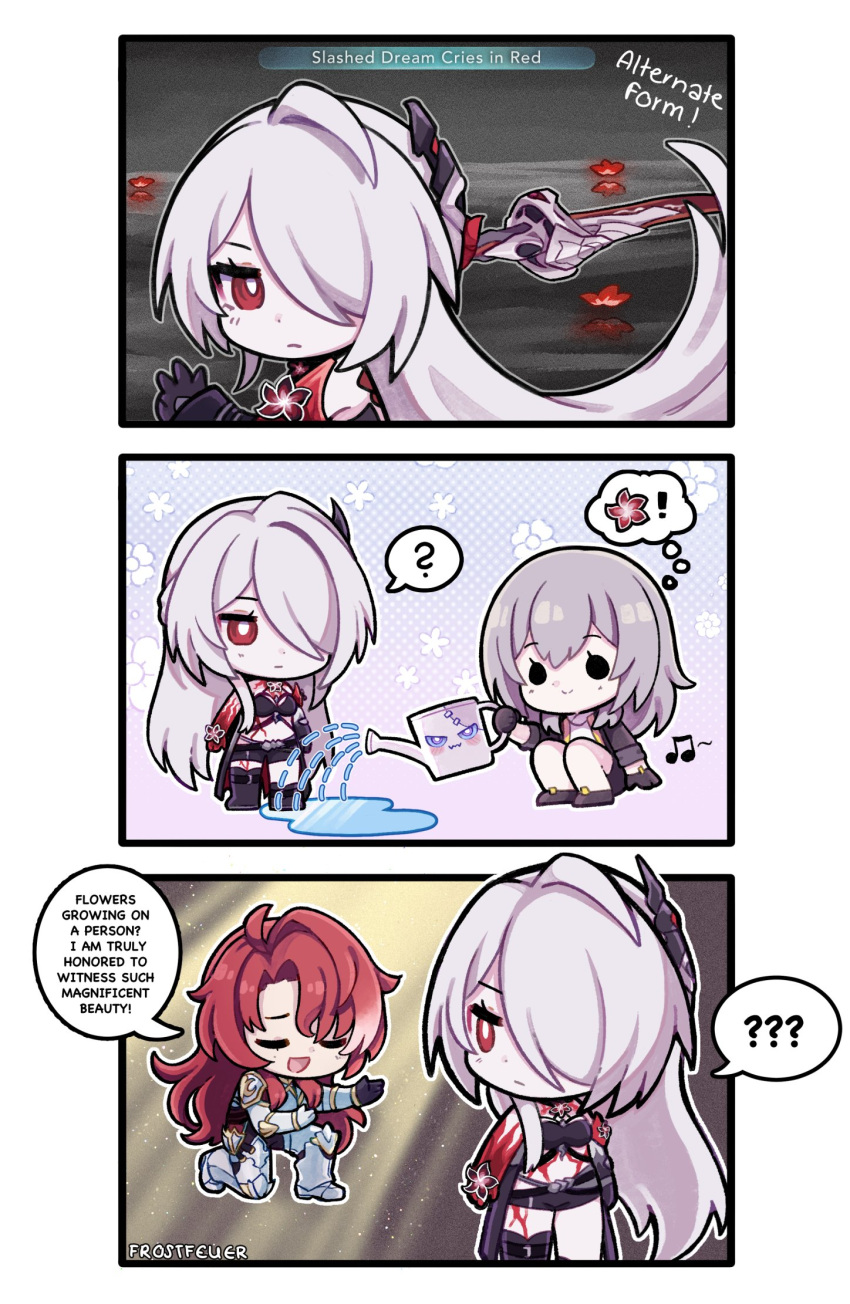 1boy 2girls ? ?? acheron_(honkai:_star_rail) argenti_(honkai:_star_rail) artist_name body_markings chibi chibi_only detached_sleeves english_text flower frostfeuer hair_over_one_eye highres holding holding_sword holding_watering_can holding_weapon honkai:_star_rail honkai_(series) long_hair multiple_girls musical_note on_one_knee puddle red_flower redhead single_bare_shoulder stelle_(honkai:_star_rail) sword trailblazer_(honkai:_star_rail) watering_can weapon white_hair