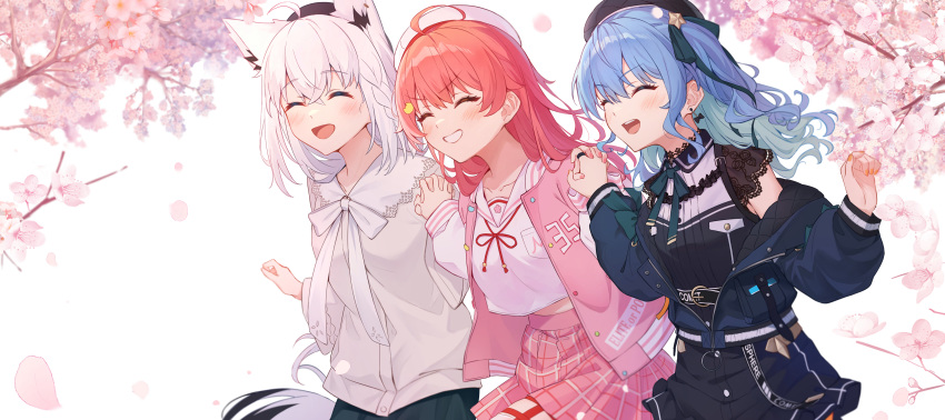 3girls absurdres ahoge animal_ears beret black_beret blue_hair blue_jacket blush breasts cherry_blossoms closed_eyes commentary crossed_bangs fox_ears grey_shirt grin hands_up happy hat highres holding_hands hololive hoshimachi_suisei hoshimachi_suisei_(streetwear) jacket long_hair long_sleeves multiple_girls off_shoulder official_alternate_costume open_clothes open_jacket open_mouth pink_hair pink_jacket pink_shirt pink_skirt sakura_miko sakura_miko_(school_uniform) shirakami_fubuki shirakami_fubuki_(street) shirt skirt small_breasts smile tang-du upper_body virtual_youtuber white_beret white_hair