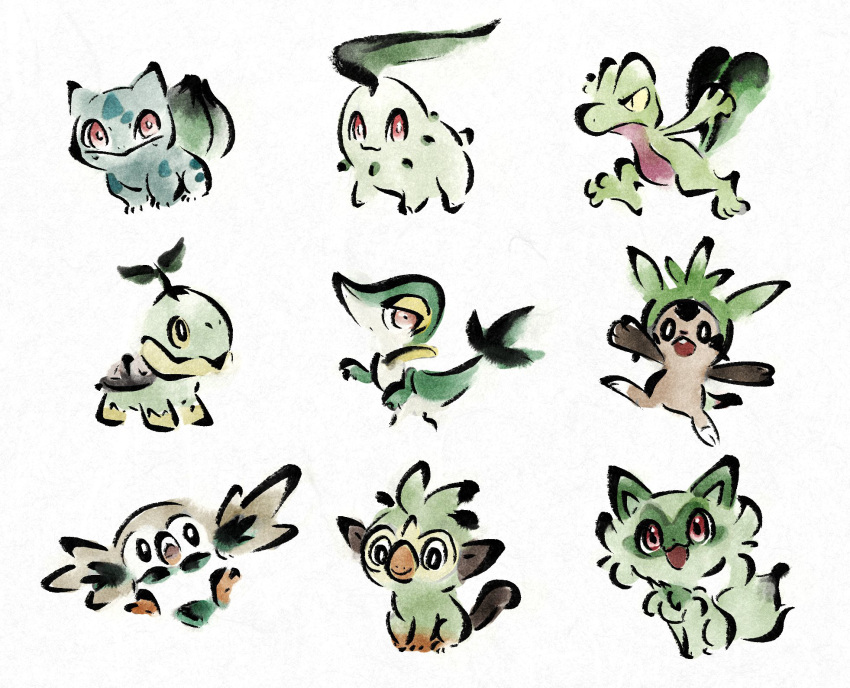 &gt;:( :&gt; :d animal_focus bird bulbasaur chespin chikorita colored_sclera grookey highres leaf metikyun monkey no_humans open_mouth owl pokemon pokemon_(creature) red_eyes rowlet slit_pupils smile snivy sprigatito standing trait_connection treecko turtle turtwig v-shaped_eyebrows white_background yellow_sclera