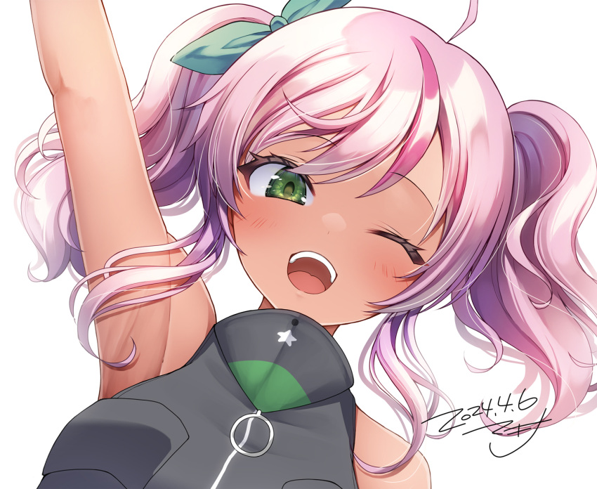 1girl ahoge arm_up bare_shoulders blush bodysuit comandante_cappellini_(kancolle) dark-skinned_female dark_skin dated diving_suit green_eyes grey_wetsuit hair_between_eyes hair_ribbon kantai_collection looking_at_viewer makina00 multicolored_hair one_eye_closed open_mouth pink_hair ribbon signature simple_background sleeveless solo streaked_hair twintails upper_body wetsuit white_background