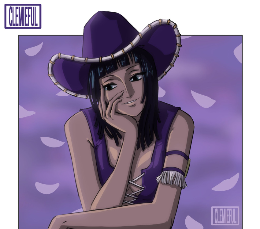 1girl armlet artist_name black_hair blunt_bangs blunt_ends clemieful cowboy_hat cross-laced_clothes cross-laced_top english_commentary hand_on_own_face hat highres light_smile looking_to_the_side medium_hair nico_robin one_piece purple_background purple_theme sleeveless solo upper_body