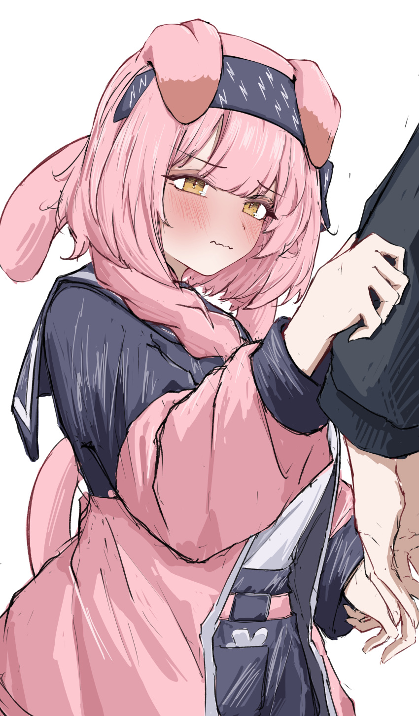 1girl 1other absurdres animal_ears arknights arm_grab belt black_hairband black_jacket black_sailor_collar black_skirt blush closed_mouth commentary cowboy_shot embarrassed goldenglow_(arknights) hairband highres jacket long_hair long_sleeves out_of_frame pink_belt pink_hair pink_jacket pink_tail sailor_collar shirt simple_background sketch skirt standing tail tail_raised tobildesu wavy_mouth white_background white_shirt yellow_eyes