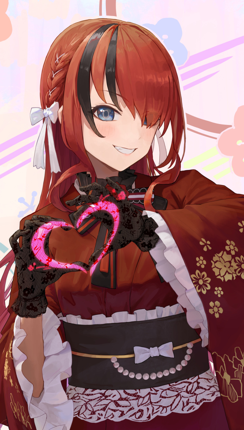 1girl black_hair black_sash blue_eyes bow braid flower french_braid frilled_sash frilled_sleeves frills gloves grin hair_bow hair_over_one_eye heart heart_hands highres japanese_clothes kimono lace lace_gloves lain_paterson lain_paterson_(5th_costume) long_hair looking_at_viewer multicolored_hair naxile nijisanji obi official_alternate_costume red_flower red_kimono redhead sash smile solo streaked_hair very_long_hair virtual_youtuber white_bow wide_sleeves