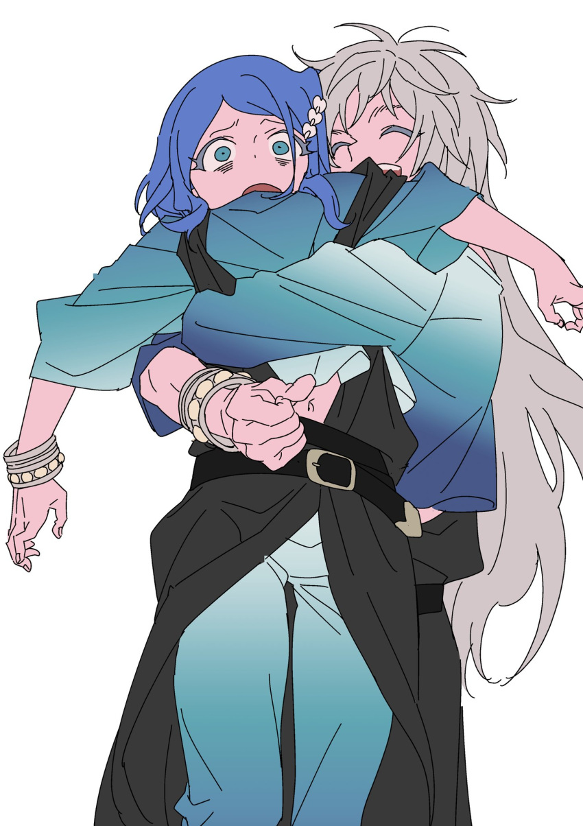 1boy 1girl anchiki_shou archived_source bad_id bad_twitter_id belt black_belt blue_eyes blue_hair blue_pants blue_shirt bracelet closed_eyes constricted_pupils grey_hair hair_ornament highres hug hug_from_behind jewelry king_of_prism_by_prettyrhythm lifting_person long_hair long_sleeves open_mouth pants pretty_rhythm pretty_series rinne_(pretty_rhythm) shine_(pretty_series) shirt short_hair simple_background smile swept_bangs white_background