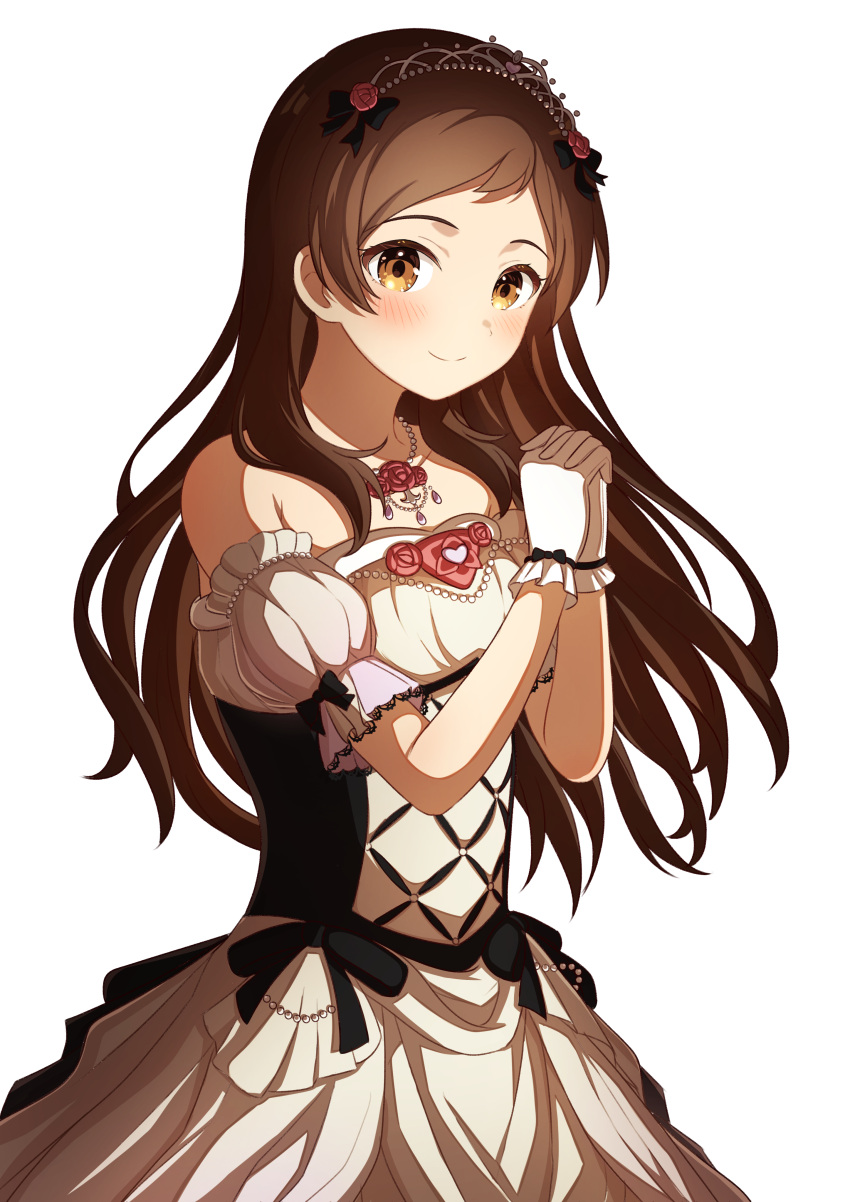 1girl absurdres akatsuki_(artakatuki) bare_shoulders bead_necklace beads black_ribbon blush bow breasts brown_eyes brown_hair closed_mouth collarbone detached_sleeves dress flower flower_necklace gloves hair_bow hair_flower hair_ornament hair_ribbon highres idolmaster idolmaster_million_live! idolmaster_million_live!_theater_days interlocked_fingers jewelry kitazawa_shiho long_hair looking_at_viewer medium_breasts necklace own_hands_clasped own_hands_together puffy_detached_sleeves puffy_sleeves red_flower red_rose ribbon rose simple_background sleeveless sleeveless_dress smile solo tiara white_background white_dress white_gloves