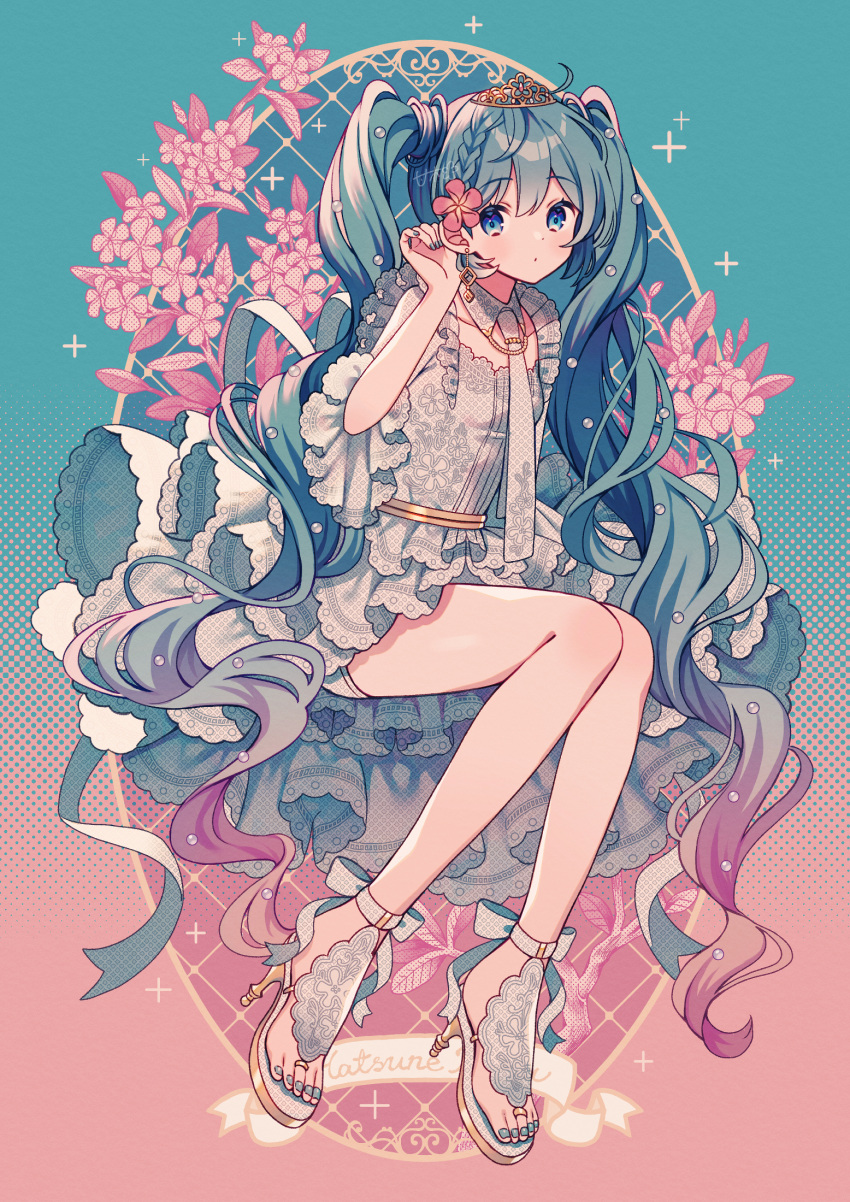 1girl amagi_hana arm_at_side bare_legs blue_background blue_eyes blue_hair blue_nails blush closed_mouth detached_collar dot_mouth dot_nose dress flower frilled_dress frills full_body gradient_background gradient_hair hair_flower hair_ornament halftone hatsune_miku high_heels highres knees_together_feet_apart layered_dress legs long_hair multicolored_hair nail_polish necktie pink_background pink_flower pink_hair pleated_dress short_dress sidelocks signature simple_background solo tiara toenail_polish toenails toes tucking_hair twintails vocaloid white_dress white_footwear white_necktie