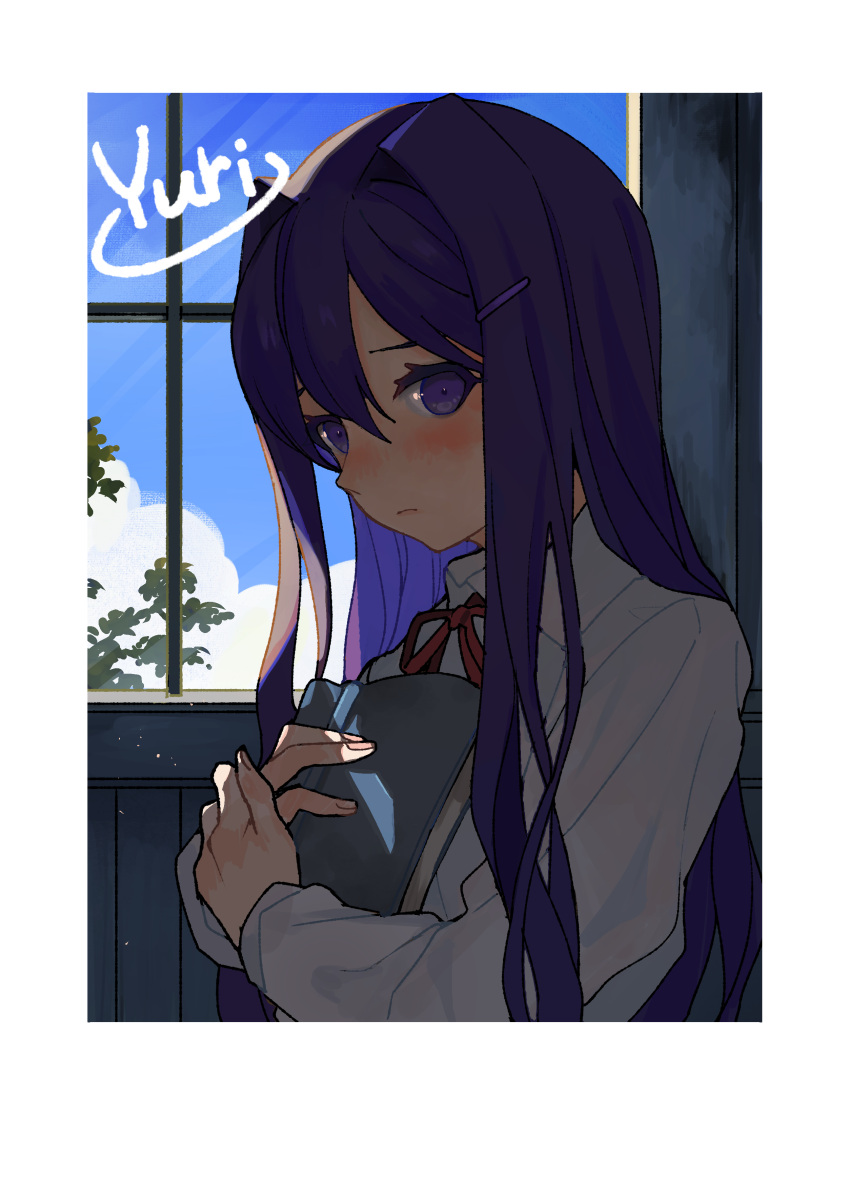 1girl absurdres blue_sky character_name closed_mouth clouds collared_shirt doki_doki_literature_club frown furrowed_brow hair_between_eyes hair_intakes hair_ornament hairclip highres holding holding_notebook kugaumelo long_hair long_sleeves neck_ribbon notebook purple_hair red_ribbon ribbon school_uniform shirt sky solo very_long_hair violet_eyes white_shirt window yuri_(doki_doki_literature_club)