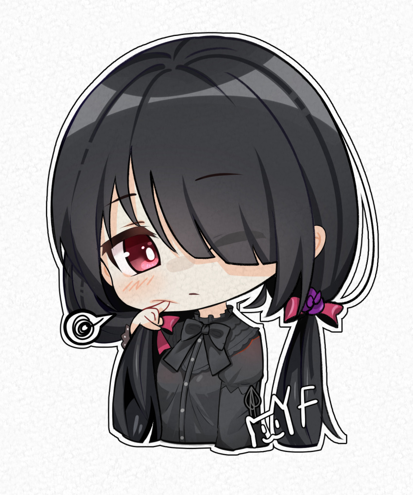 1girl black_hair black_ribbon chibi date_a_live goth_fashion hair_between_eyes hair_over_one_eye highres looking_at_viewer low_twintails one_eye_closed red_eyes ribbon solo speech_bubble tokisaki_kurumi twintails yangfan