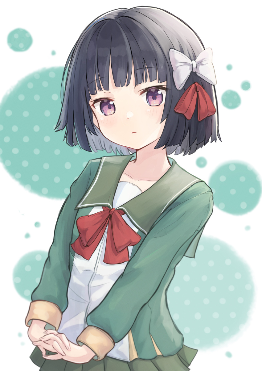 1girl :3 absurdres black_hair blunt_bangs blush bow breasts closed_mouth collarbone commentary_request cowboy_shot dot_nose green_jacket green_sailor_collar green_serafuku green_skirt hair_bow head_tilt highres interlocked_fingers ishigaki_(kancolle) jacket kantai_collection long_sleeves looking_at_viewer miniskirt multicolored_clothes multicolored_jacket neck_ribbon own_hands_together pleated_skirt polka_dot polka_dot_background raised_eyebrows red_bow red_ribbon ribbon sailor_collar school_uniform serafuku short_hair skirt small_breasts solo tansui_san_(tcjp4784) thick_eyelashes three_quarter_view violet_eyes white_background white_bow