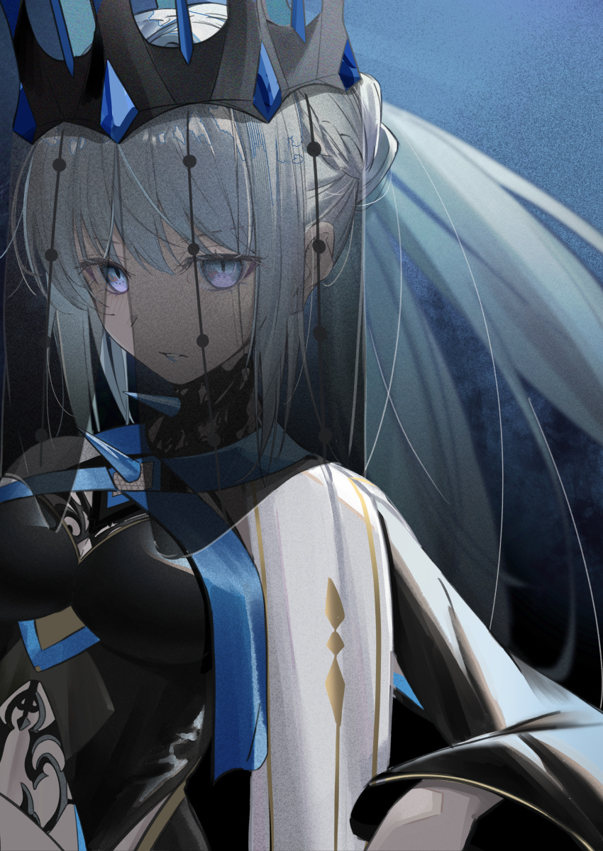 1girl absurdres black_dress black_veil blue_eyes blue_lips braid breasts capelet crown dress fate/grand_order fate_(series) french_braid grey_hair highres lipstick long_hair long_sleeves looking_at_viewer makeup morgan_le_fay_(fate) morgan_le_fay_(queen_of_winter)_(fate) multicolored_capelet ornament oyaji_hime ponytail solo two-tone_dress veil veil_lift white_hair wide_sleeves