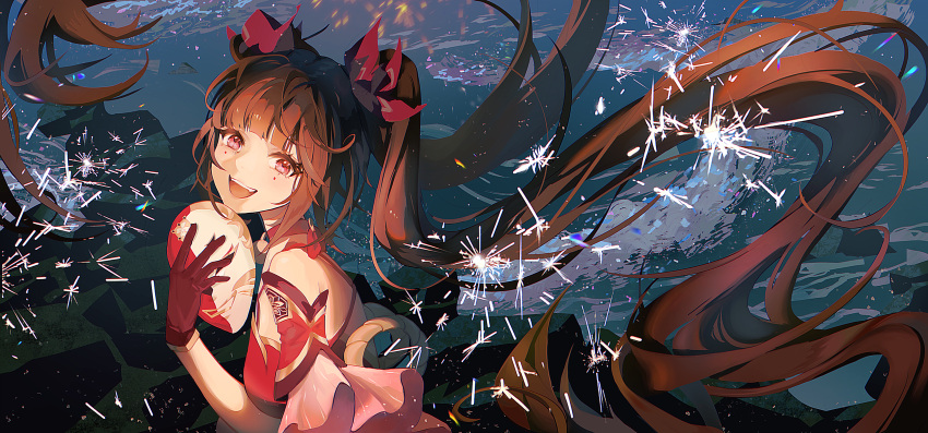 1girl :d absurdly_long_hair absurdres bare_shoulders bell brown_hair detached_sleeves facial_mark fireworks gloves head_tilt highres holding holding_mask honkai:_star_rail honkai_(series) japanese_clothes long_hair looking_at_viewer mask neck_bell red_chokre red_eyes red_gloves sleeveless smile solo sparkle_(honkai:_star_rail) upper_body very_long_hair zhizhi632318513