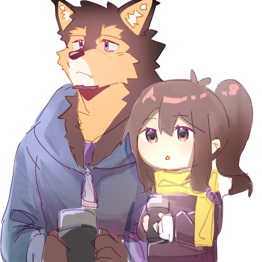 1boy 1girl animal_ears blue_jacket brown_eyes brown_hair brown_jacket chibi claws dog_boy dog_ears female_protagonist_(live_a_hero) furry furry_male highres holding_thermos hood hooded_jacket jacket live_a_hero ponytail pubraseer_(live_a_hero) scarf violet_eyes wang_yzzx white_background yellow_scarf