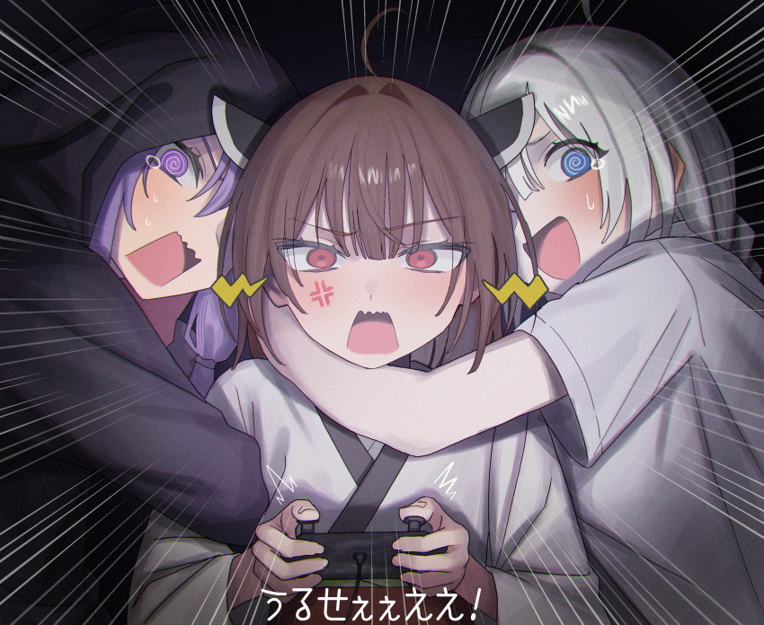 3girls @_@ absurdres ahoge alternate_costume anger_vein angry arm_around_neck black_background black_hoodie blue_eyes blush brown_hair commentary_request controller emphasis_lines game_controller hair_intakes hands_up headgear highres holding holding_controller holding_game_controller hood hood_up hoodie hug japanese_clothes kimono kizuna_akari long_hair looking_at_viewer medium_hair multiple_girls nervous_smile obi open_mouth playing_games purple_hair red_eyes sash scared shirt short_sleeves shout_lines shouting sidelocks smile straight-on subtitled sweat t-shirt tearing_up touhoku_kiritan translation_request upper_body v-shaped_eyebrows vang_09 violet_eyes vocaloid voiceroid white_hair white_kimono white_shirt yuzuki_yukari