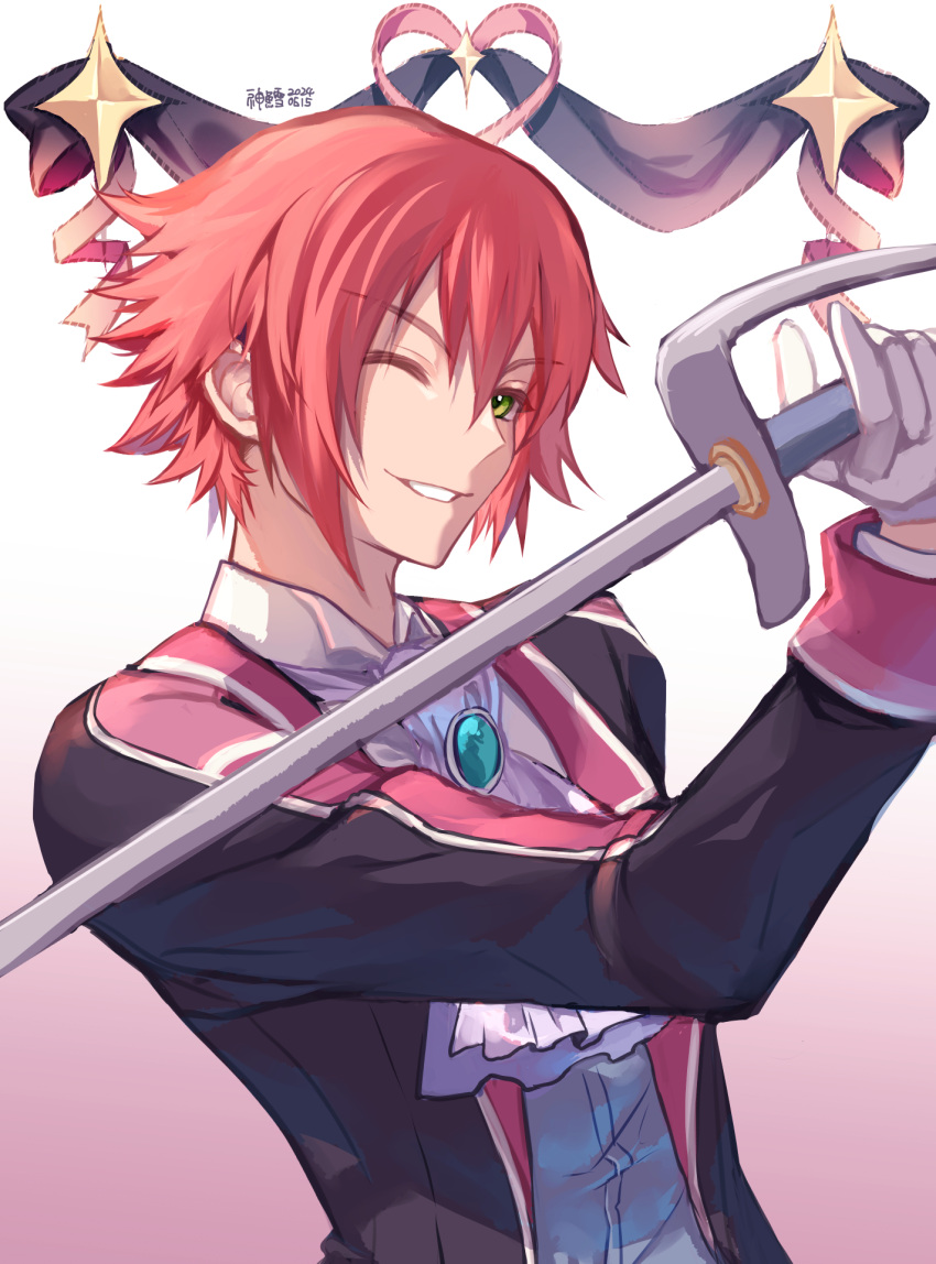 1boy brooch double-parted_bangs eiyuu_densetsu gloves gradient_background green_eyes hair_between_eyes heart_ribbon highres holding holding_sword holding_weapon jewelry lechter_arundel one_eye_closed pink_background rapier redhead ribbon sen_no_kiseki short_hair smile solo star_(symbol) sword weapon white_gloves willfin