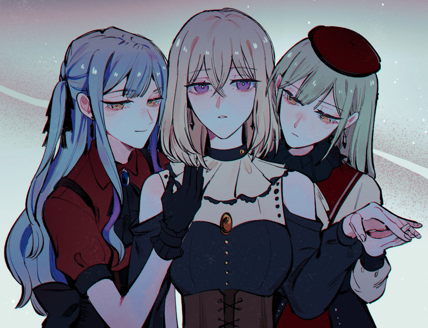 3girls ascot bang_dream! bang_dream!_it's_mygo!!!!! black_ascot black_gloves black_ribbon black_skirt blonde_hair blue_hair brown_corset closed_mouth clothing_cutout collared_shirt corset earrings gloves green_hair grey_background hair_ribbon hand_on_another's_shoulder highres holding_hands jewelry long_hair looking_at_another maybecrosswise medium_hair misumi_uika multiple_girls parted_lips red_shirt redhead ribbon shirt shoulder_cutout skirt smile togawa_sakiko two_side_up upper_body violet_eyes wakaba_mutsumi yellow_eyes yuri