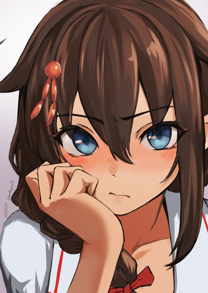 1girl absurdres ahoge blue_eyes blush braid brown_hair closed_mouth collarbone dated gradient_background hair_flaps highres kantai_collection long_hair looking_at_viewer portrait shigure_(kancolle) shigure_kai_ni_(kancolle) single_braid solo twitter_username umibudou