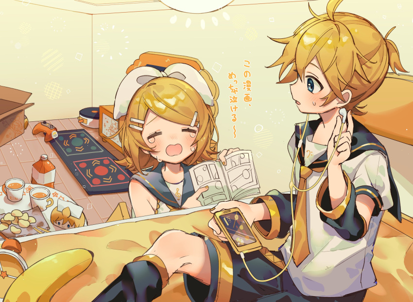 1boy 1girl banana belt black_shorts black_sleeves blonde_hair blue_eyes book bottle bow box ceiling_light cellphone chips_(food) chopsticks closed_eyes controller crying cup detached_sleeves earphones earphones food fruit game_controller grey_sailor_collar hair_bow hair_ornament hairclip highres holding holding_book holding_phone indoors juice kagamine_len kagamine_rin light_blush looking_at_another mug necktie open_mouth orange_(fruit) orange_juice phone pointing rug sailor_collar sazanami_(ripple1996) shirt short_hair short_ponytail short_sleeves shorts siblings sidelocks sleeveless sleeveless_shirt small_sweatdrop smartphone swept_bangs table tears tissue tissue_box translation_request twins vocaloid white_bow white_shirt yellow_belt yellow_nails yellow_necktie