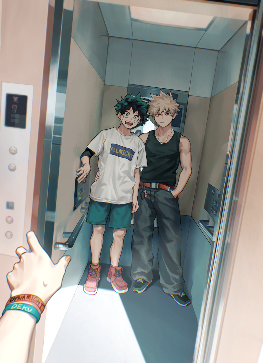 2boys all_might alternate_costume ankle_socks aqua_bracelet aqua_shorts arm_at_side baggy_pants bakugou_katsuki bare_arms bare_shoulders belt black_tank_top blonde_hair blurry boku_no_hero_academia bracelet bright_pupils brown_belt cameo casual character_charm character_name charm_(object) chromatic_aberration closed_mouth clothing_request commentary_request cross-laced_footwear cut_(nifuhami_35) depth_of_field dutch_angle elevator elevator_door elevator_operator fingernails freckles frown green_eyes green_footwear green_hair grey_pants hand_in_pocket hand_on_another's_waist hand_up handrail highres jewelry light looking_at_viewer midoriya_izuku mirror multiple_boys nail_polish necklace open_door open_mouth orange_bracelet orange_nails pants partial_commentary perspective pov print_shirt push-button red_eyes red_footwear reflection ring sanpaku scar scar_on_hand scar_on_shoulder seven-segment_display shade shirt short_hair short_sleeves shorts side-by-side single_horizontal_stripe sleeveless smile socks soft_focus spiky_hair standing sweatdrop t-shirt tank_top white_pupils white_shirt wrinkled_fabric yellow_socks