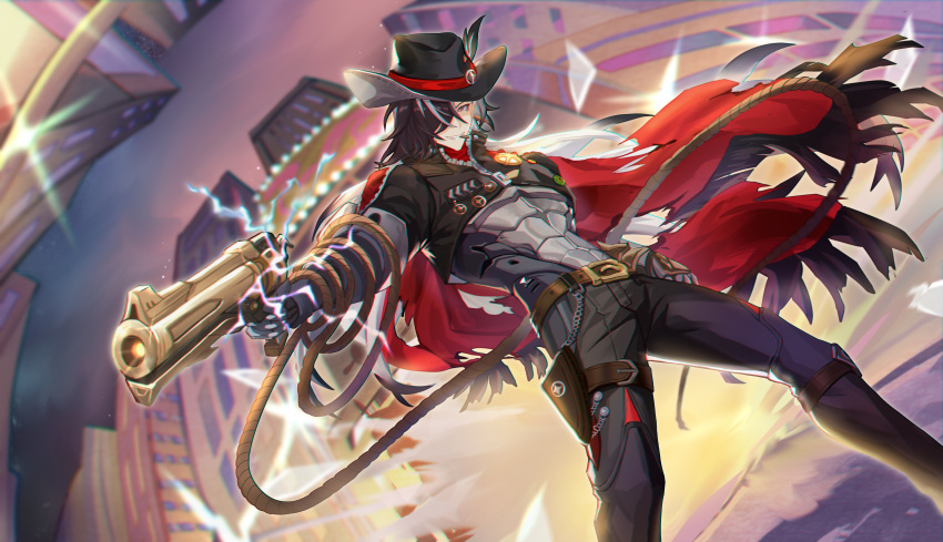 1boy absurdres belt black_hair black_hat boothill_(honkai:_star_rail) bupa_chila electricity gun hair_over_one_eye hat hat_feather highres holding holding_gun holding_weapon honkai:_star_rail honkai_(series) jacket jewelry long_hair male_focus multicolored_hair solo split-color_hair teeth two-tone_hair weapon white_hair