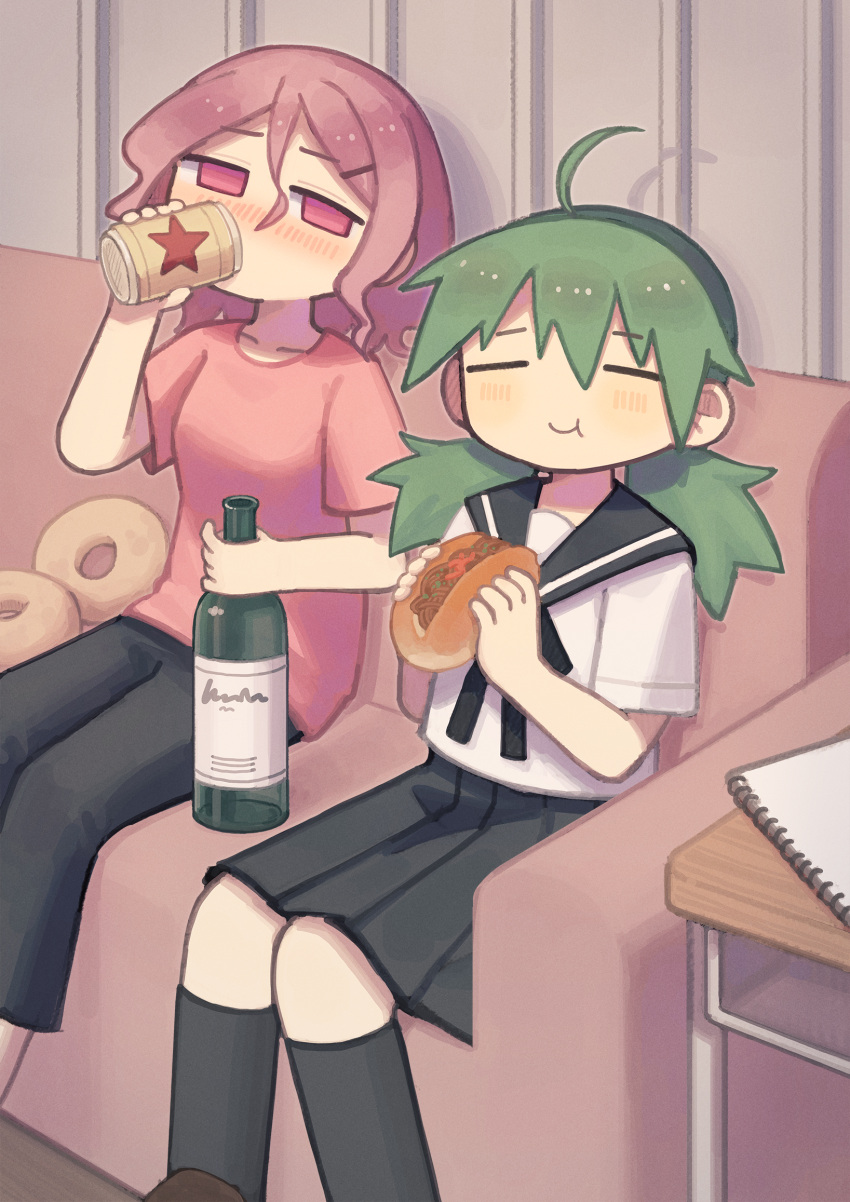 2girls ahoge beer_can black_pants black_sailor_collar black_skirt black_socks blush bottle breasts can closed_eyes closed_mouth couch drink_can drinking drunk eating food futami_ya green_hair hair_between_eyes highres holding holding_bottle holding_can holding_food indoors kneehighs long_hair looking_at_another looking_to_the_side low_twintails medium_breasts medium_hair multiple_girls nose_blush notepad on_couch original pants pink_eyes pink_hair pink_shirt pink_t-shirt pleated_skirt sailor_collar school_uniform serafuku shirt short_sleeves sitting skirt smile socks t-shirt twintails white_shirt yakisobapanrn
