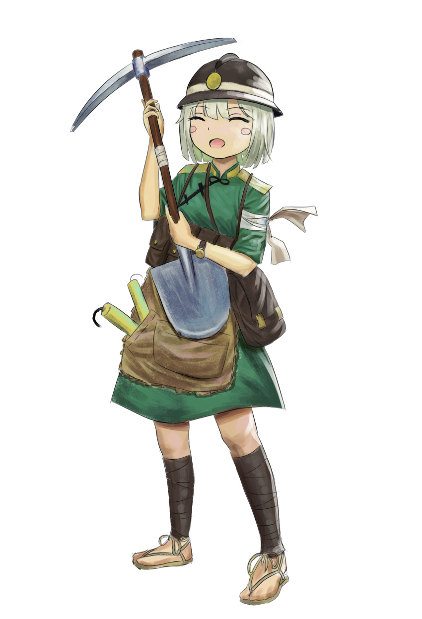 1girl alternate_costume apron armband brown_apron brown_helmet closed_eyes commentary_request cookie_(touhou) dress dynamite epaulettes explosive full_body green_dress grey_hair hard_hat helmet highres holding holding_pickaxe holding_shovel konpaku_youmu leg_wrap medium_bangs open_mouth pickaxe pouch sandals short_hair short_sleeves shovel simple_background smile solo tihami touhou waist_apron white_background zerukalo_(cookie) zouri