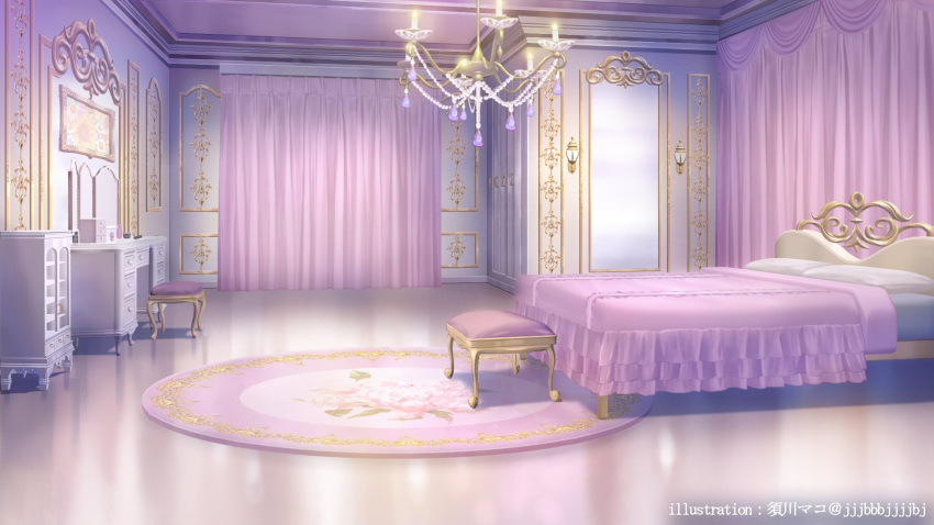 artist_name bed bedroom blanket cabinet chandelier cosmetics curtains highres himeno_aimu indie_virtual_youtuber indoors mirror muntins no_humans official_art painting_(object) pillow rug scenery stool sugawa_mako table vanity_table wall_lamp window