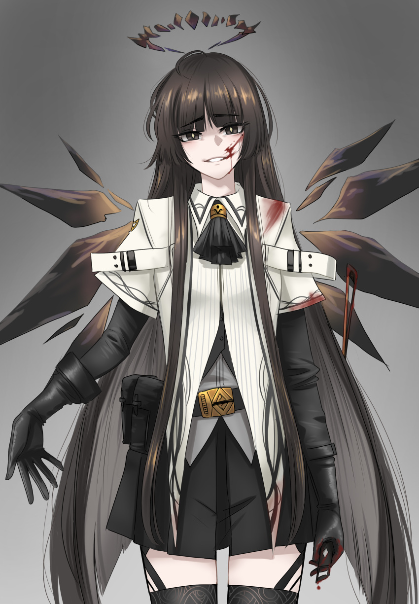 1girl absurdres ahoge arknights ascot belt belt_buckle belt_pouch black_ascot black_belt black_eyes black_garter_straps black_gloves black_hair black_halo black_skirt black_thighhighs black_wings blood blood_on_clothes blood_on_face blood_stain blunt_bangs bow_(music) breasts broken_halo buckle collared_jacket colored_inner_hair commentary cowboy_shot dark_halo detached_wings diamond-shaped_pupils diamond_(shape) energy_wings evil_grin evil_smile eyelashes garter_straps gloves gradient_background grey_background grey_hair grey_shirt grin half-closed_eyes halo highres hime_cut holding holding_bow_(music) ingukoon jacket layered_clothes layered_sleeves long_hair long_sleeves looking_at_viewer miniskirt mole mole_under_eye multicolored_hair open_hand pale_skin parted_lips pleated_skirt pouch raised_eyebrows shadow shirt short-sleeved_jacket short_over_long_sleeves short_sleeves skirt small_breasts smile solo standing straight-on straight_hair strap symbol-shaped_pupils teeth thigh-highs two-tone_hair untucked_shirt variant_set very_long_hair virtuosa_(arknights) white_jacket wing_collar wings yellow_pupils zettai_ryouiki