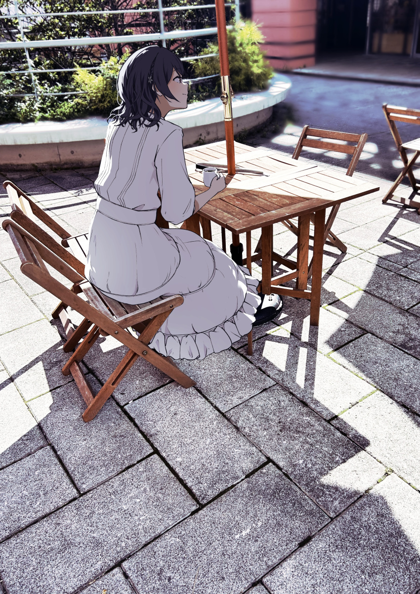 1girl absurdres blue_hair blush braid cup dark_blue_hair dress flower hair_flower hair_ornament highres holding holding_cup idolmaster idolmaster_shiny_colors light_smile looking_ahead lulutaeri morino_rinze outdoors photo_background shade sitting solo white_dress