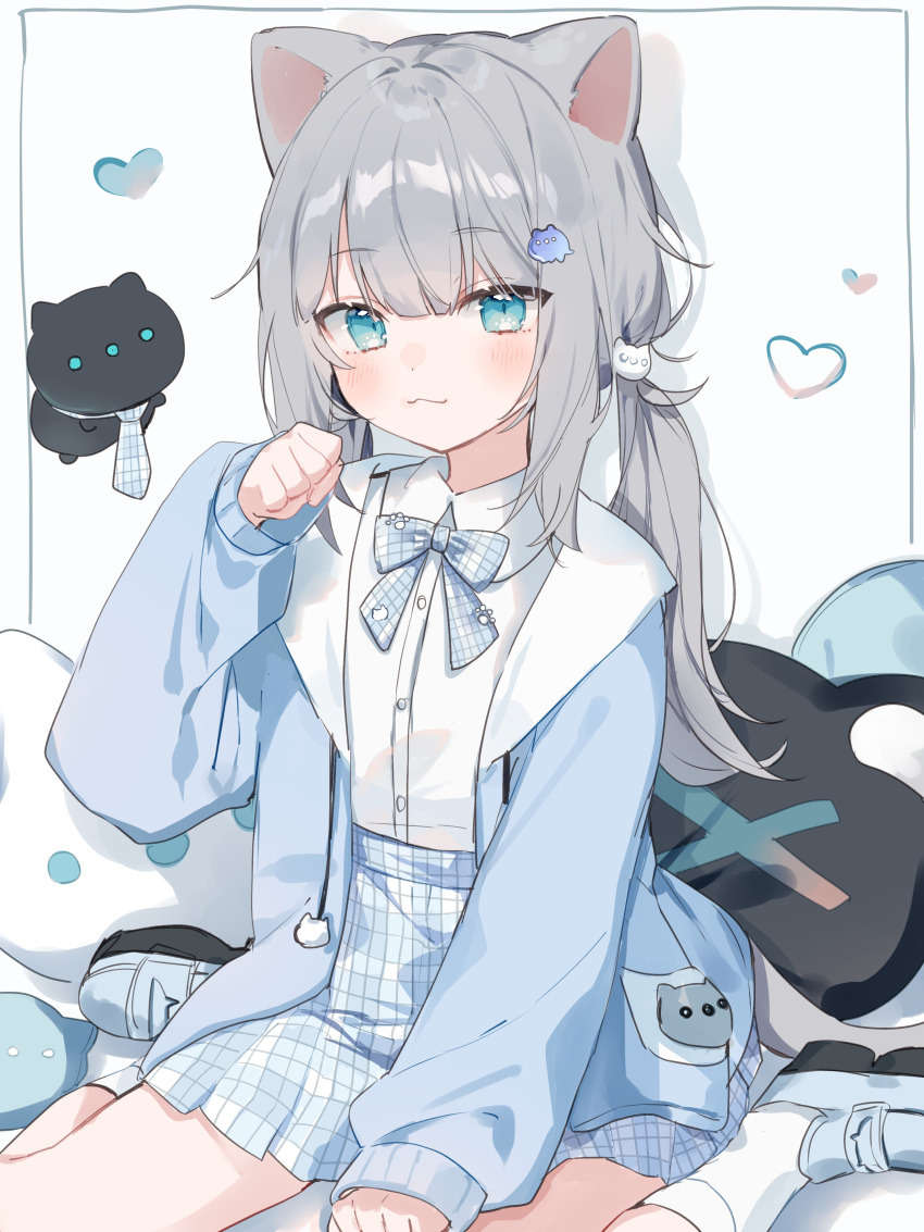 1girl :3 absurdres animal_ears aqua_eyes blue_bow blue_bowtie blue_footwear blue_jacket blue_skirt bow bowtie cat_ears cat_girl cat_tail creature cushion dress_shirt grey_hair hair_ornament hashtag-only_commentary heart high-waist_skirt highres indie_virtual_youtuber jacket light_blush looking_at_viewer low_twintails miniskirt mokyuko nachoneko necktie paw_pose shirt shoes sidelocks sitting skirt smile socks solo tail twintails wariza white_background white_shirt white_socks