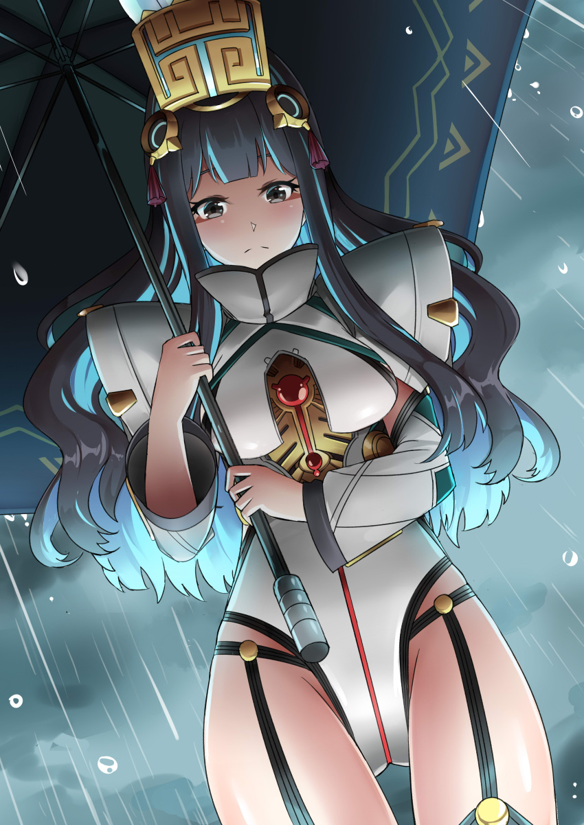1girl absurdres black_hair blue_hair colored_inner_hair fate/grand_order fate_(series) feathers grey_eyes hair_ornament headdress highres holding holding_umbrella jewelry leotard long_hair looking_at_viewer multicolored_hair ponytail rain solo sudhiro_sappurisa tenochtitlan_(fate) tenochtitlan_(third_ascension)_(fate) thighs umbrella wavy_hair white_leotard white_sleeves