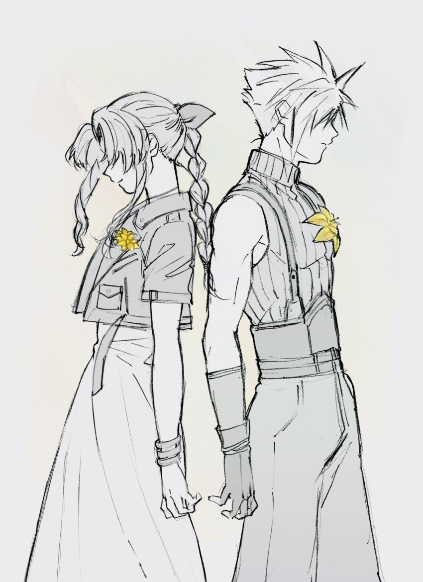 1boy 1girl aerith_gainsborough back-to-back bangle belt bracelet braid braided_ponytail clenched_hands closed_mouth cloud_strife cowboy_shot cropped_jacket dress final_fantasy final_fantasy_vii final_fantasy_vii_rebirth final_fantasy_vii_remake flower flower_brooch gloves hair_over_eyes hair_ribbon highres jewelry lily_(flower) long_dress long_hair monochrome multiple_belts oishiioniku1129 pants parted_bangs profile ribbon short_hair short_sleeves sidelocks single_bare_shoulder single_braid sleeveless sleeveless_turtleneck spiky_hair spot_color suspenders turtleneck yellow_flower