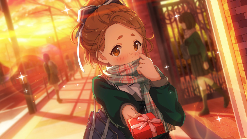 22/7 22/7_ongaku_no_jikan 5girls bag blue_scarf blurry blush bow box braid brown_eyes brown_hair depth_of_field game_cg gift green_bow green_serafuku hair_bow hair_ribbon hand_up happy_valentine high_ponytail highres holding holding_box holding_gift incoming_gift kono_miyako lens_flare long_sleeves looking_at_viewer multiple_girls official_art orange_sky outdoors outstretched_arm pink_ribbon plaid plaid_scarf pleated_skirt ribbon road scarf scarf_over_mouth school_bag school_gateway school_uniform serafuku shoulder_bag skirt sky solo_focus sparkle sunset upper_body utility_pole