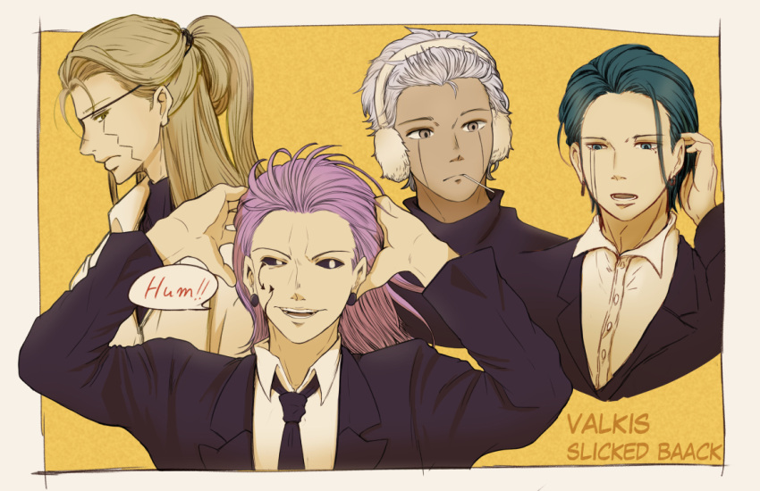 4boys black_necktie black_sclera black_suit blonde_hair character_request charles_contini collared_shirt colored_sclera cropped_torso domina_blowelive eyepatch facial_mark green_hair hands_up headphones levi_rosequartz long_hair mashle multiple_boys nadachimachi_(user_nven5788) necktie pink_hair shirt speech_bubble suit upper_body