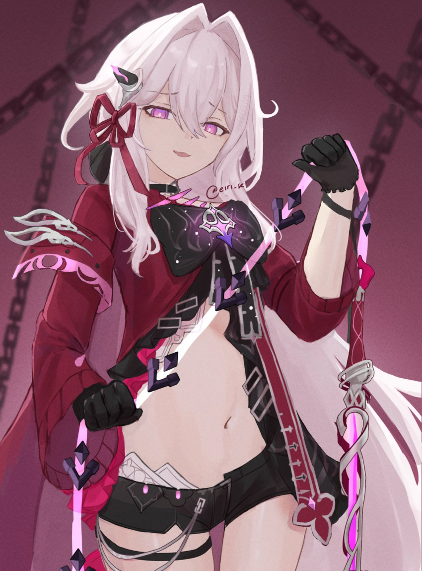 1girl anklet armlet belly black_choker black_gloves black_shorts bright_pupils chain choker cross eiri_se gloves hair_ornament highres holding holding_whip honkai_(series) honkai_impact_3rd jacket jewelry long_hair long_sleeves looking_at_viewer navel open_mouth purple_background purple_ribbon red_jacket red_ribbon ribbon ribbon_hair_ornament shorts simple_background smile thelema_(honkai_impact) very_long_hair violet_eyes weapon whip_sword white_hair white_pupils