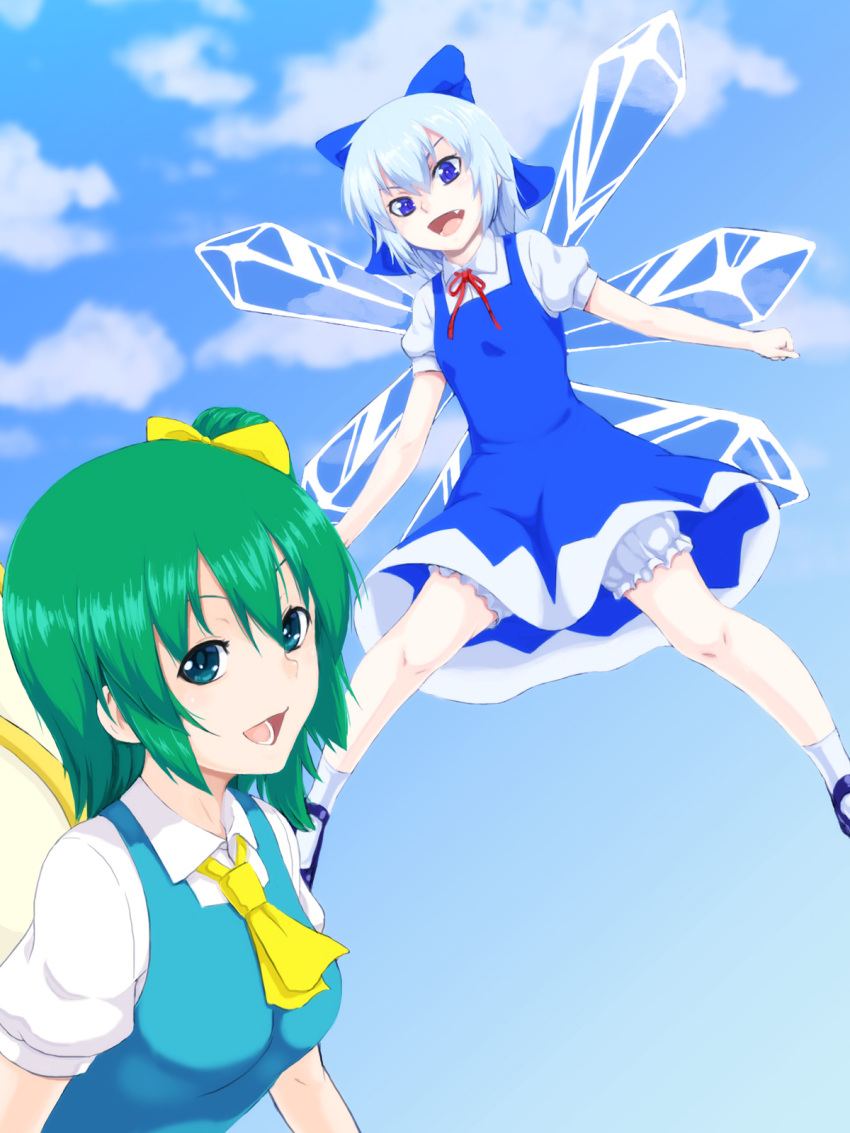2girls ascot black_footwear bloomers blue_bow blue_dress blue_eyes blue_hair blue_sky bow cirno clouds collared_shirt commentary daiyousei dress green_eyes green_hair hair_bow highres ice ice_wings kakone looking_at_viewer multiple_girls outdoors shirt short_sleeves sky socks touhou undershirt white_shirt white_socks wings yellow_ascot