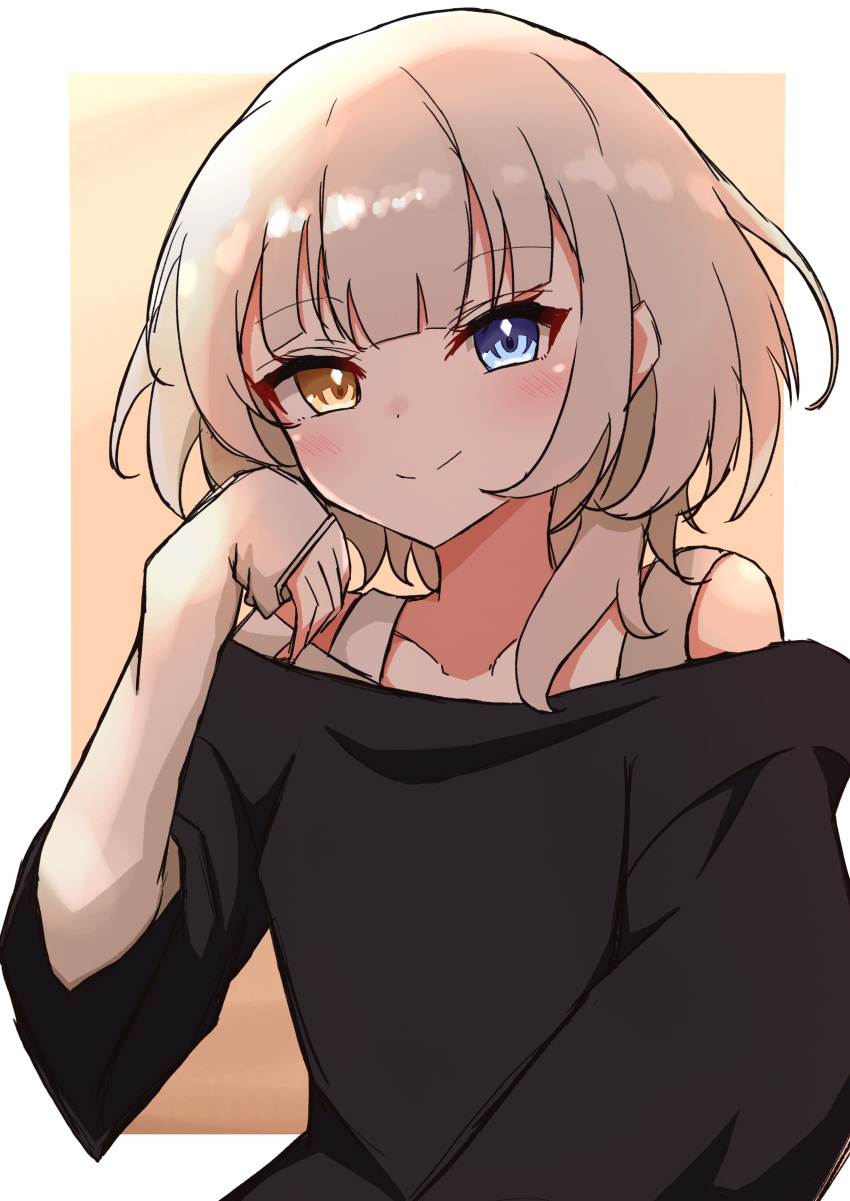 1girl absurdres bang_dream! bang_dream!_it's_mygo!!!!! black_shirt blue_eyes blush border brown_background closed_mouth collarbone head_rest heterochromia highres kaname_raana layered_sleeves long_sleeves looking_at_viewer medium_hair off_shoulder outside_border shirt short_over_long_sleeves short_sleeves sleeves_past_wrists smile solo tunakou27 variant_set white_border white_hair white_shirt yellow_eyes