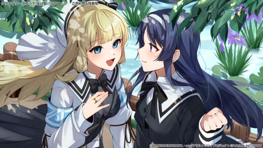 2girls :d arm_at_side armband assault_lily belt beret black_bow black_bowtie black_dress black_ribbon blonde_hair blue_eyes blue_hair blunt_bangs bodystocking bow bowtie breasts closed_mouth commentary_request cropped_jacket day dress fence floating_hair flower hairband hand_up hat hat_bow highres itou_shizu_(assault_lily) jewelry light_blush lily_pad long_hair long_sleeves looking_at_another medium_breasts moonbell multiple_girls neck_ribbon official_art open_mouth outdoors pond profile purple_flower ribbon ring school_uniform shrug_(clothing) sidelocks sleeve_ribbon smile striped_bow tachihara_sayu upper_body violet_eyes water watermark white_belt white_hairband white_hat wooden_fence yurigaoka_girls_academy_school_uniform