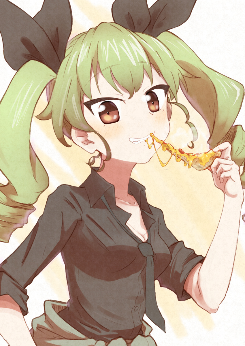 1girl absurdres anchovy_(girls_und_panzer) anzio_military_uniform black_ribbon black_shirt breasts brown_eyes clothes_around_waist dress_shirt drill_hair eating food girls_und_panzer green_hair grey_jacket grin hair_ribbon highres holding holding_food holding_pizza jacket jacket_around_waist long_hair long_sleeves looking_at_viewer loose_necktie medium_breasts military_uniform necktie pizza pizza_slice ribbon shirt sleeves_rolled_up smile solo tea76225914 twin_drills twintails uniform wing_collar