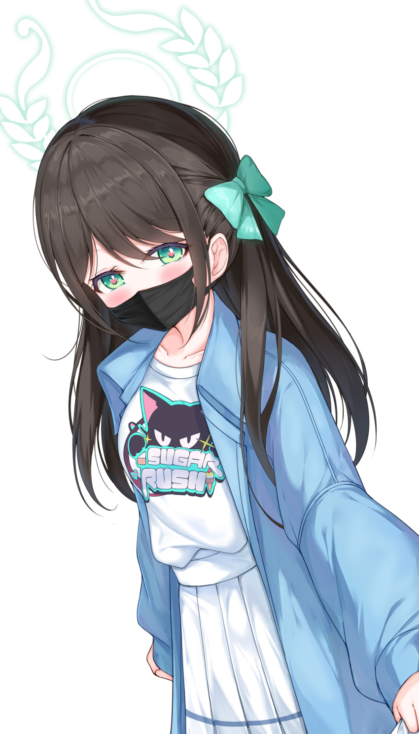 1girl absurdres airi_(band)_(blue_archive) airi_(blue_archive) black_hair black_mask blue_archive blue_jacket blush collarbone green_eyes green_halo halo highres jacket jin_tian_xiang_dian_sha long_hair long_sleeves looking_at_viewer mask mouth_mask official_alternate_costume open_clothes open_jacket pleated_skirt shirt simple_background skirt solo white_background white_shirt white_skirt