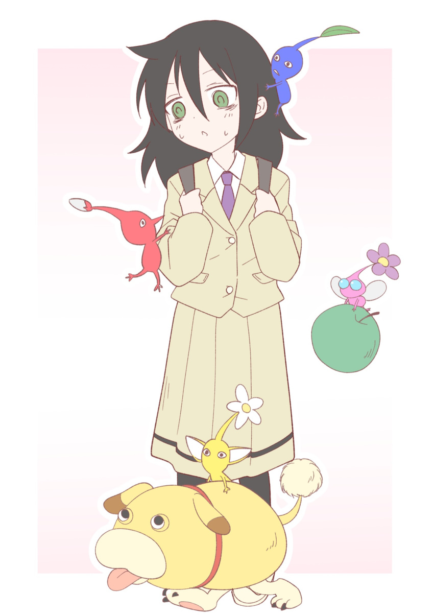1girl animal_collar bags_under_eyes black_eyes black_hair black_pantyhose blazer blue_eyes blue_pikmin blush border chestnut_mouth collar collared_shirt commentary crossover dog fading_border flower gradient_background green_eyes hair_between_eyes highres hikaru_(ofuton_at5) holding_strap insect_wings jacket kuroki_tomoko leaf long_hair long_skirt long_sleeves looking_at_another looking_down necktie oatchi_(pikmin) on_head pantyhose pikmin_(creature) pikmin_(series) pikmin_4 pink_background pleated_skirt pointy_nose purple_flower purple_necktie red_collar red_pikmin school_uniform shirt skirt standing sweatdrop tongue tongue_out watashi_ga_motenai_no_wa_dou_kangaetemo_omaera_ga_warui! white_border white_flower white_shirt winged_pikmin wings yellow_jacket yellow_pikmin yellow_skirt