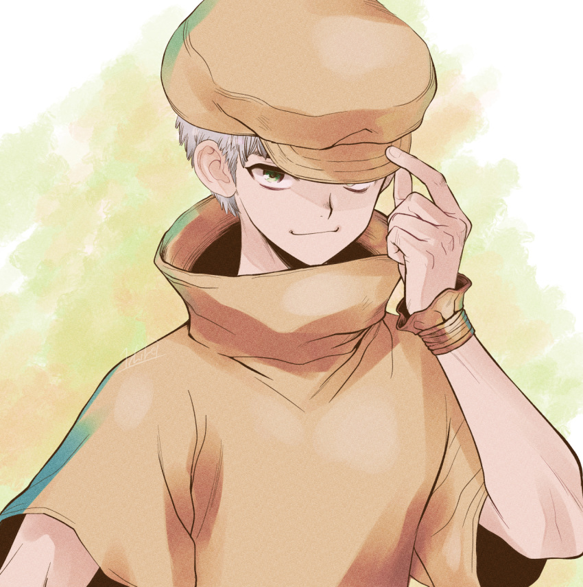 1boy cabbie_hat closed_mouth dr._stone green_eyes hand_on_headwear hand_up hat hat_tip high_collar highres looking_at_viewer male_focus ninomae_gin one_eye_covered saionji_ukyou shirt short_hair simple_background smile solo upper_body white_hair wrist_cuffs yellow_hat yellow_shirt